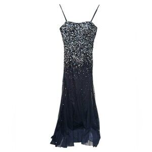 Adrianna Papell Navy Blue Sequin Embellished Gown With Spaghetti Straps Size 6